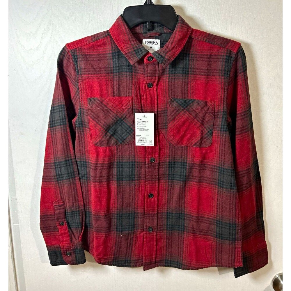 Sonoma Boys M Red/Black Plaid Cotton Flannel LS Button-Up Shirt Pockets